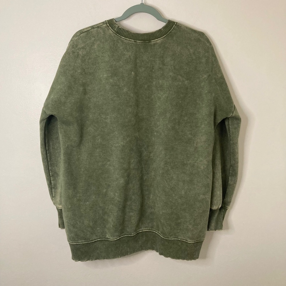 Zenana Green Mineral Wash Oversized Fleece Crew Neck Sweatshirt Pockets M Boho - Picture 5 of 11